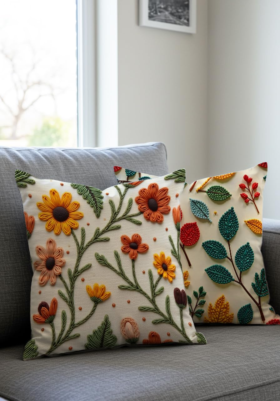 Punch Nakış Desen Dijital Baskılı Çiçek Desenli Kadife Kırlent Kılıfı, 2li Set 43x43 cm, Gizli Fermuarlı, Sonbahar Renkleri