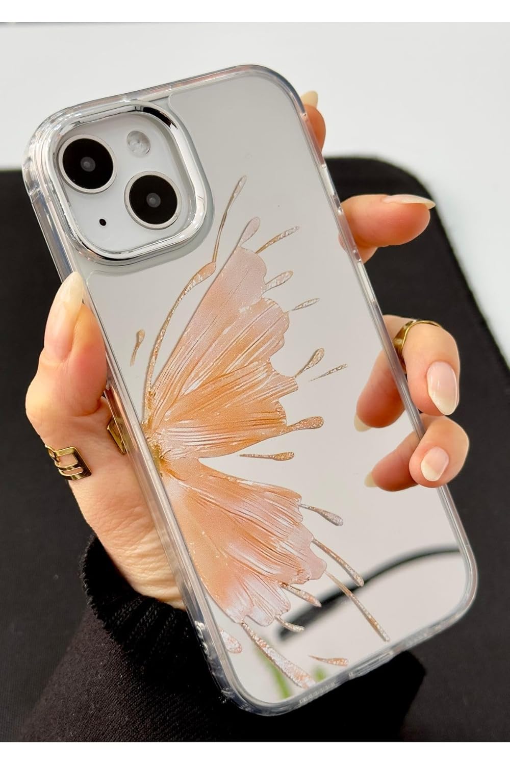 Go Aksesuar Iphone 13-14 - 15 Uyumlu Aynalı Gold Kelebek Model Silikon Kılıf - Goldkelebek