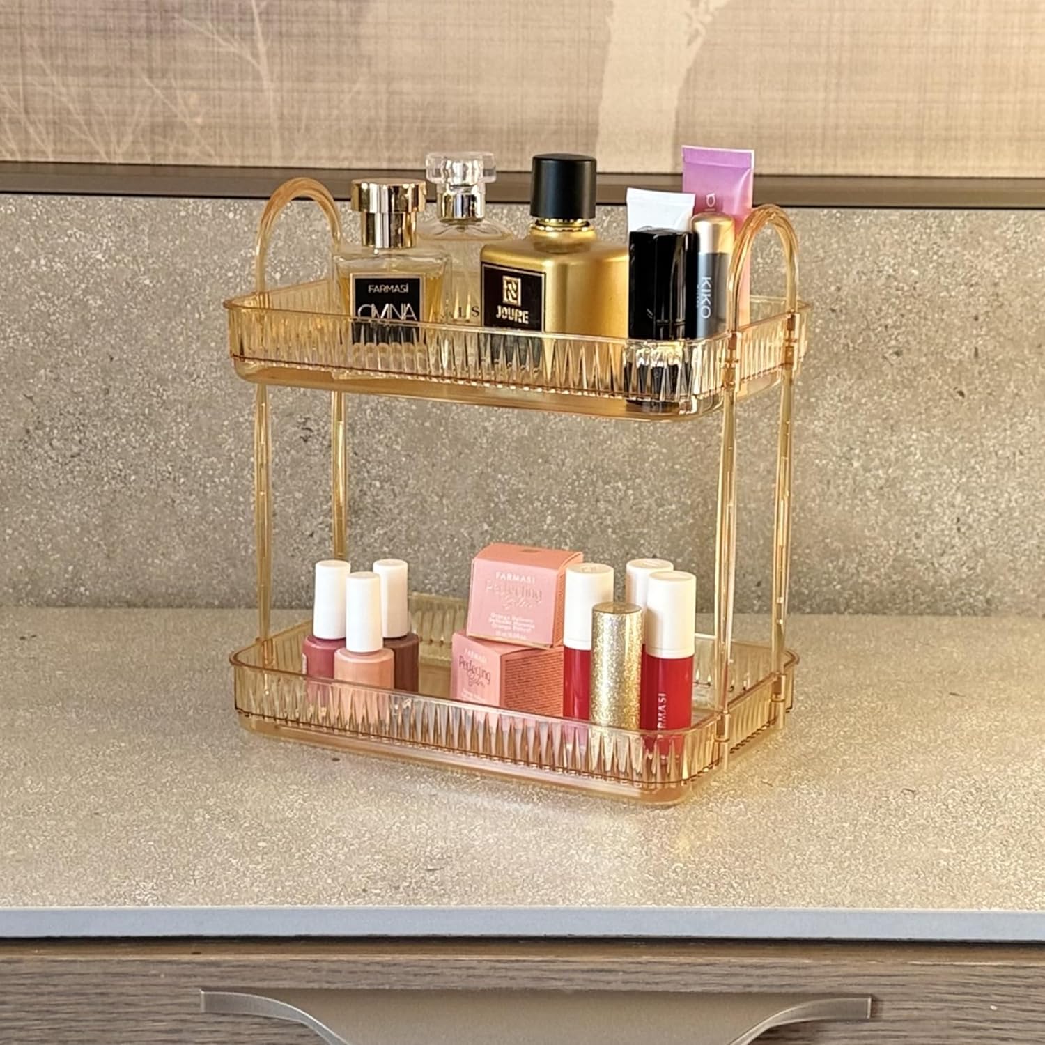 2 Katlı Makyaj Organizeri Kozmetik Aksesuar Düzenleyici Kozmetik Vitrini (Amber Sarı)