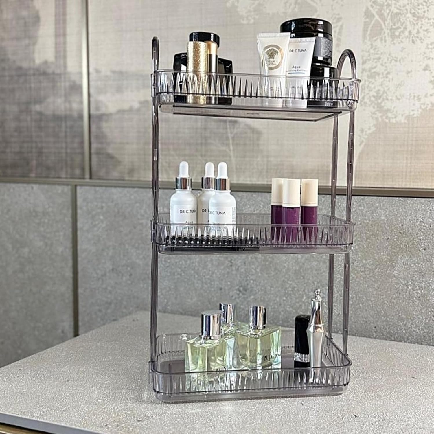 3 Katlı Makyaj Organizeri Kozmetik Aksesuar Düzenleyici Kozmetik Vitrini (Duman Gri)