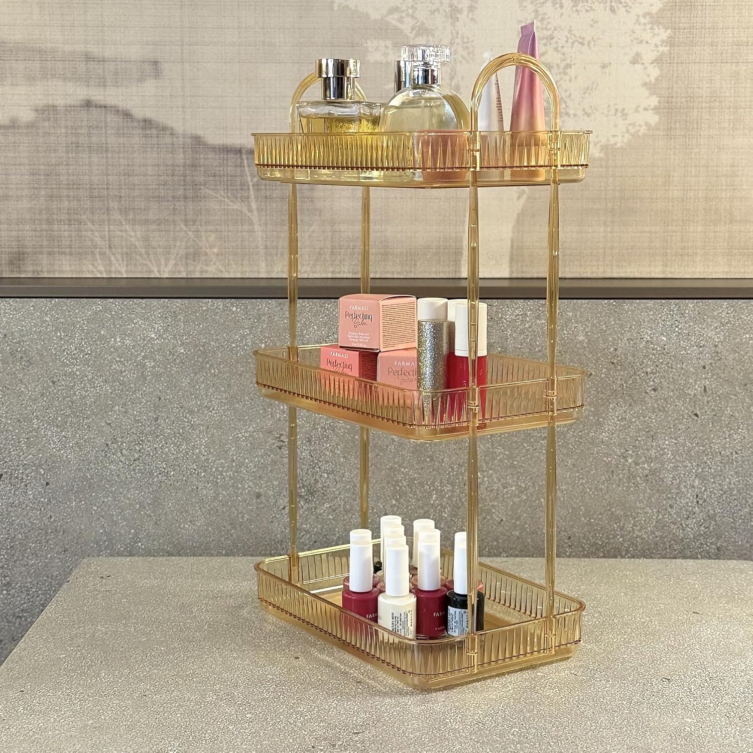 3 Katlı Makyaj Organizeri Kozmetik Aksesuar Düzenleyici Kozmetik Vitrini (Amber Sarı)