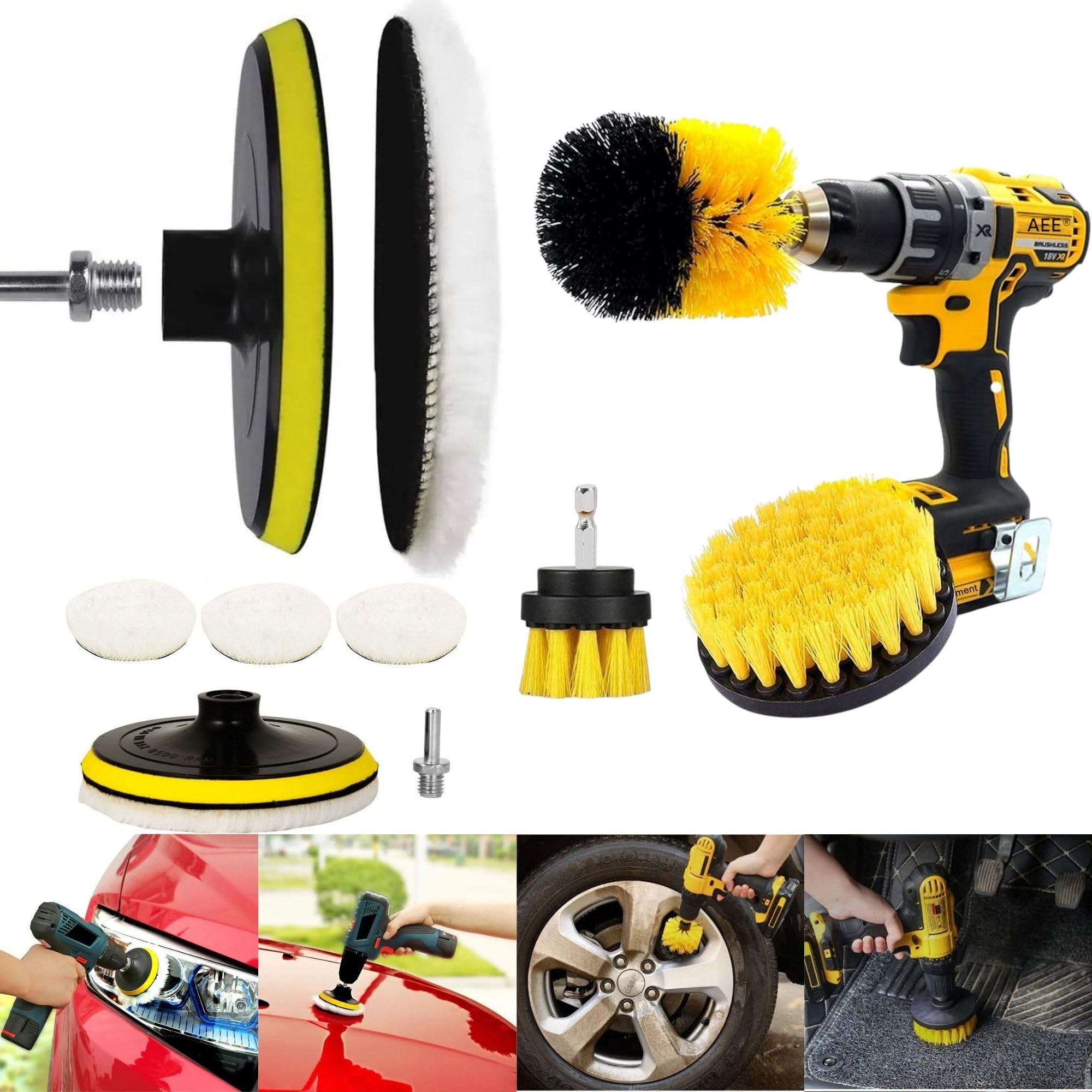 AEE® 9'lu Matkap Ucu Fırça Seti Temizleme Parlatma Pasta Cila Jant Tekerlik Far Araba Araç Oto Temizlik Fırçası Seti Banyo Fayans Mutfak Duşakabin Tuvalet Halı Temizleme Kiti Parke Fayans Parlatma