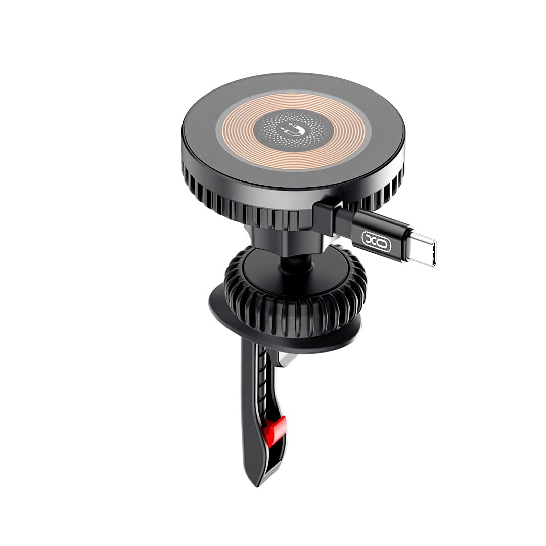 XO CX024 Manyetik Kablosuz Hızlı Şarjlı Araç Telefon Tutucu, 15W Hızlı Şarj, MagSafe İle Uyumlu, Havalandırma Montajlı, Type-C Kablolu, 360 Dönebilir, Şeffaf Tasarım, Siyah