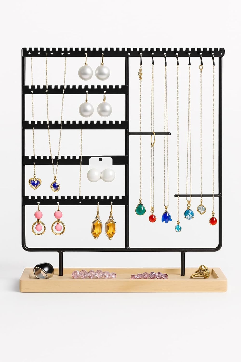 Onomo Takı Organizeri, Takı Standı Metal Stand ve Ahşap Taban, 35x30x9.5 cm, Küpe Kolye Yüzük Düzenl