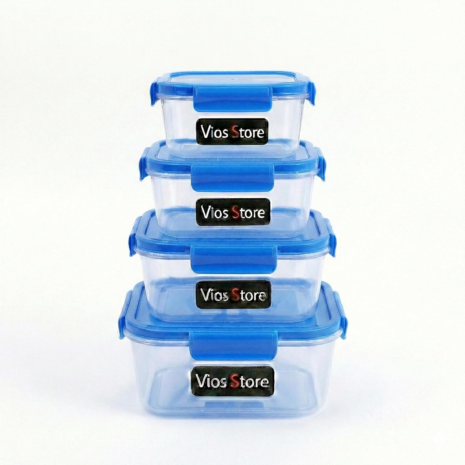 Vios Store 4’lü Kilitli Saklama Kabı Seti – Sızdırmaz Kapaklı, Farklı Boy ve Renklerde, BPA İçermez, Plastik Gıda Saklama Kutusu (2150 ml- 1300 ml - 700 ml - 300 ml) (Mavi)