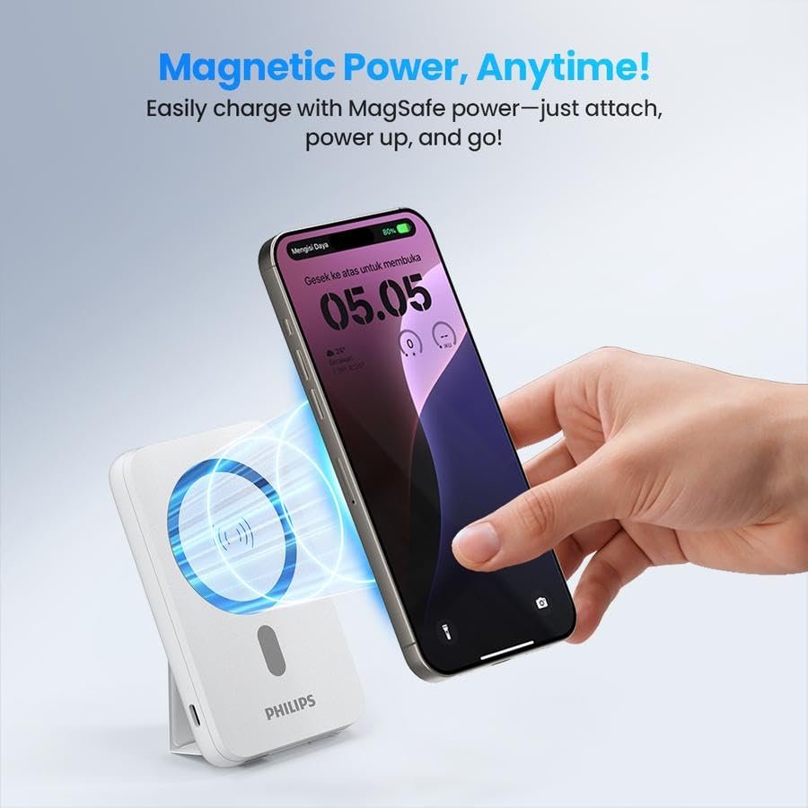 PHILIPS MagSafe İle Uyumlu Kablosuz Powerbank, 5000 mAh, Taşınabilir Şarj Cihazı, Stand Özellikli, USB-C ve USB-A Çıkışlı, Hızlı Şarj, Li-Po, DLP9701C, Akım Korumalı, (Beyaz)