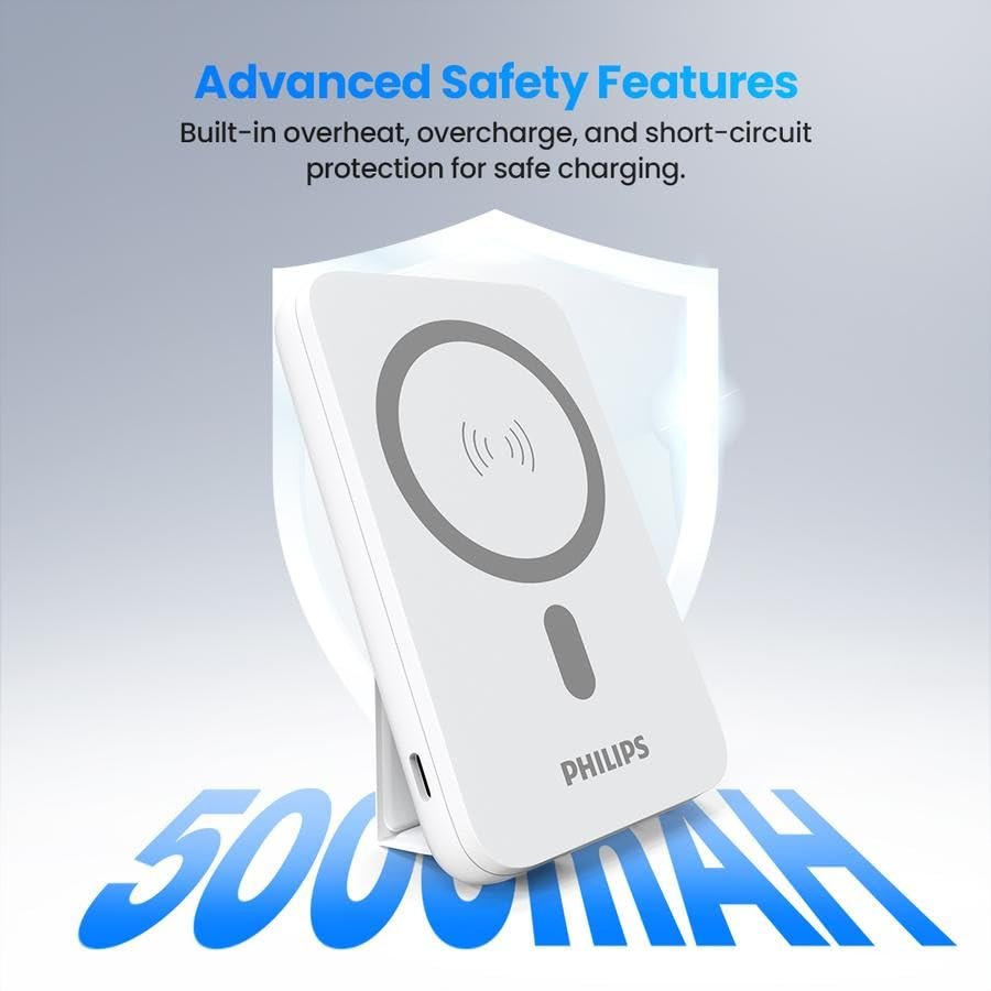 PHILIPS MagSafe İle Uyumlu Kablosuz Powerbank, 5000 mAh, Taşınabilir Şarj Cihazı, Stand Özellikli, USB-C ve USB-A Çıkışlı, Hızlı Şarj, Li-Po, DLP9701C, Akım Korumalı, (Beyaz)