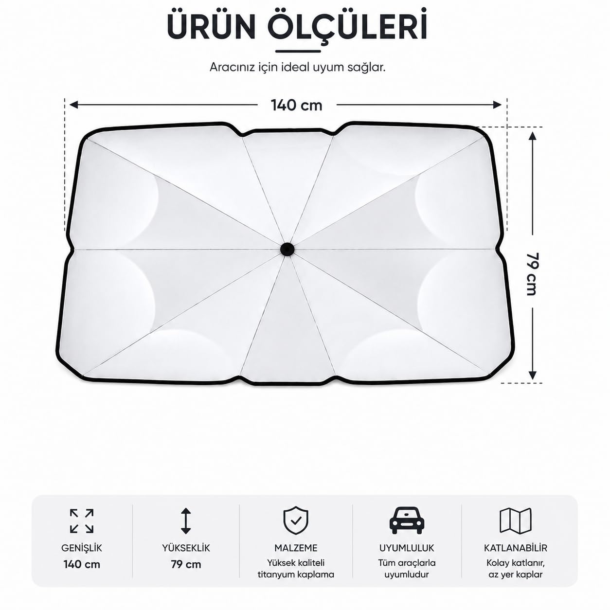 Orret Home Şemsiye Şeklinde Katlanabilir Oto Güneşlik ve Oto Numaratör Seti – Araç Güneşliği, Otomobil Ön Cam Güneşlik, Araba Güneşliği, Numaratör Hediyeli Güneş Koruyucu (140x79 cm)