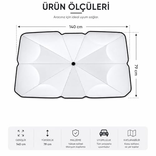 Orret Home Şemsiye Şeklinde Katlanabilir Oto Güneşlik ve Oto Numaratör Seti – Araç Güneşliği, Otomobil Ön Cam Güneşlik, Araba Güneşliği, Numaratör Hediyeli Güneş Koruyucu (140x79 cm)