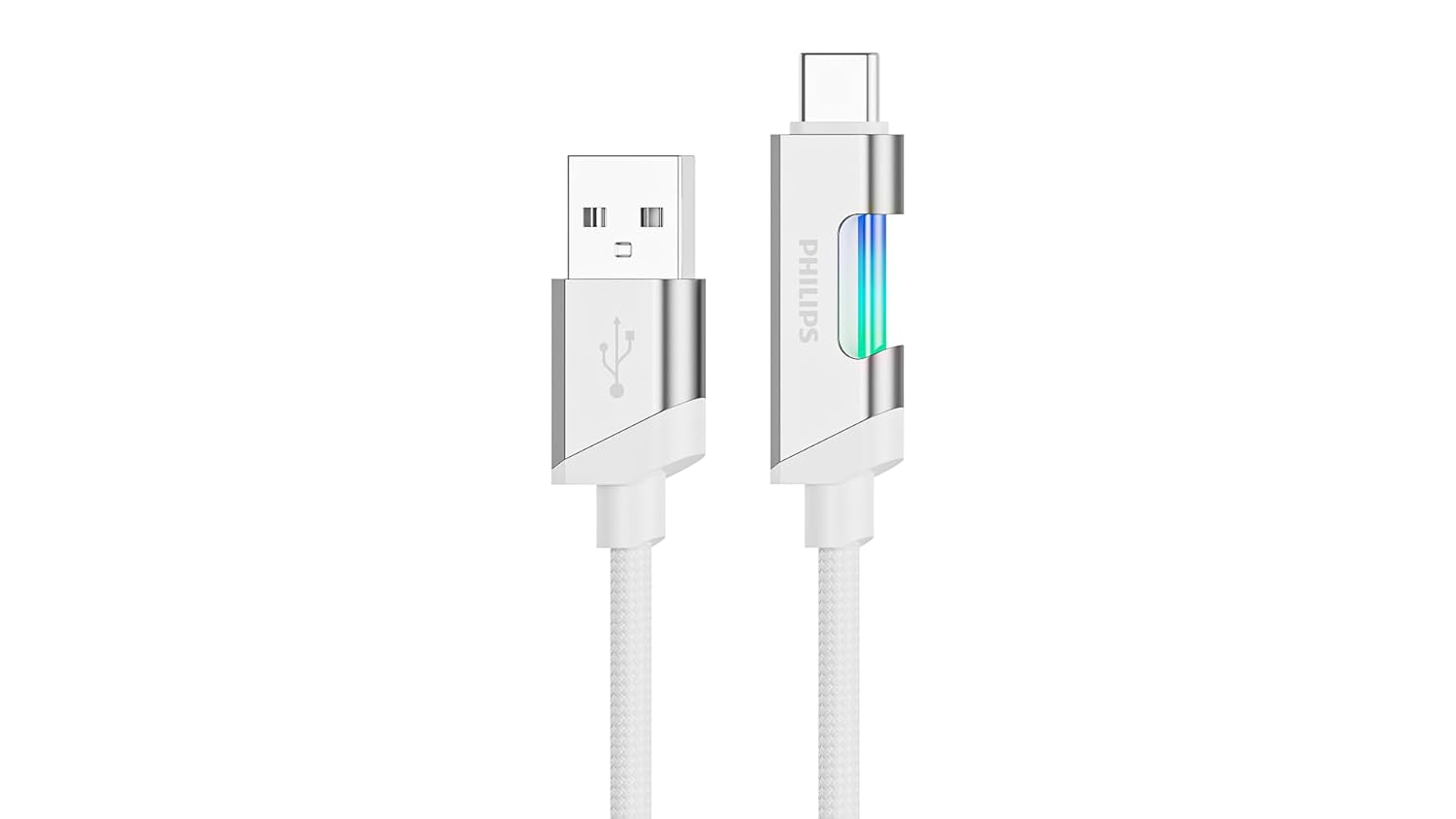 PHILIPS DLC5021A USB-A - Type-C Şarj Kablosu, Hızlı Şarj, 3A Yüksek Akım, 1 Metre, Dayanıklı Örgü Kablo, Çok Renkli Işık (Beyaz)