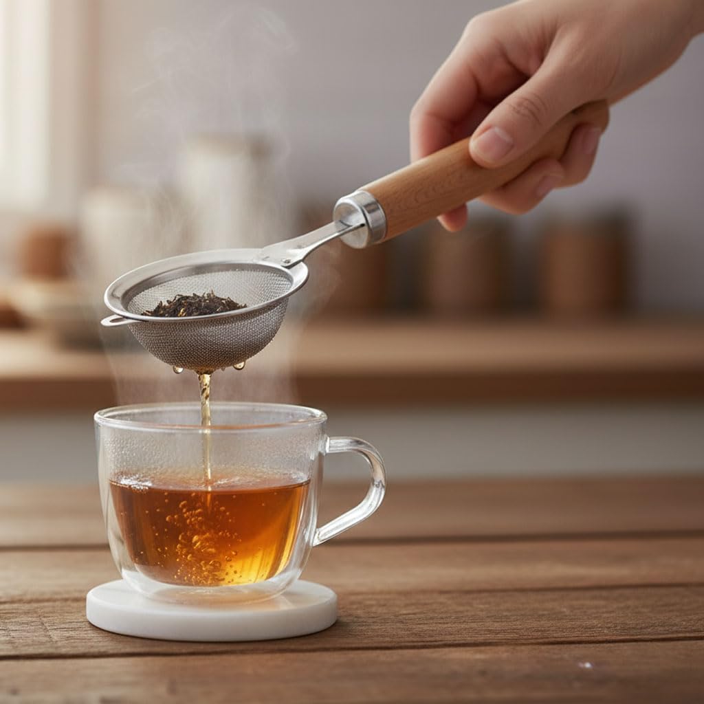 Deconox Paslanmaz Çelik Ahşap Saplı Çay Süzgeci | Silikon Saplı Süzgeç – Şık ve Fonksiyonel Sunum Aracı