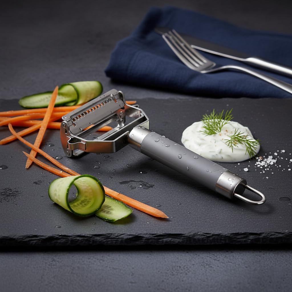 Deconox Paslanmaz Çelik Silikon Saplı Soyucu ve Jülyen Dilimleyici, 4 Yönlü Pratik Sebze Kesici, Çok Amaçlı Mutfak Dilimleyici