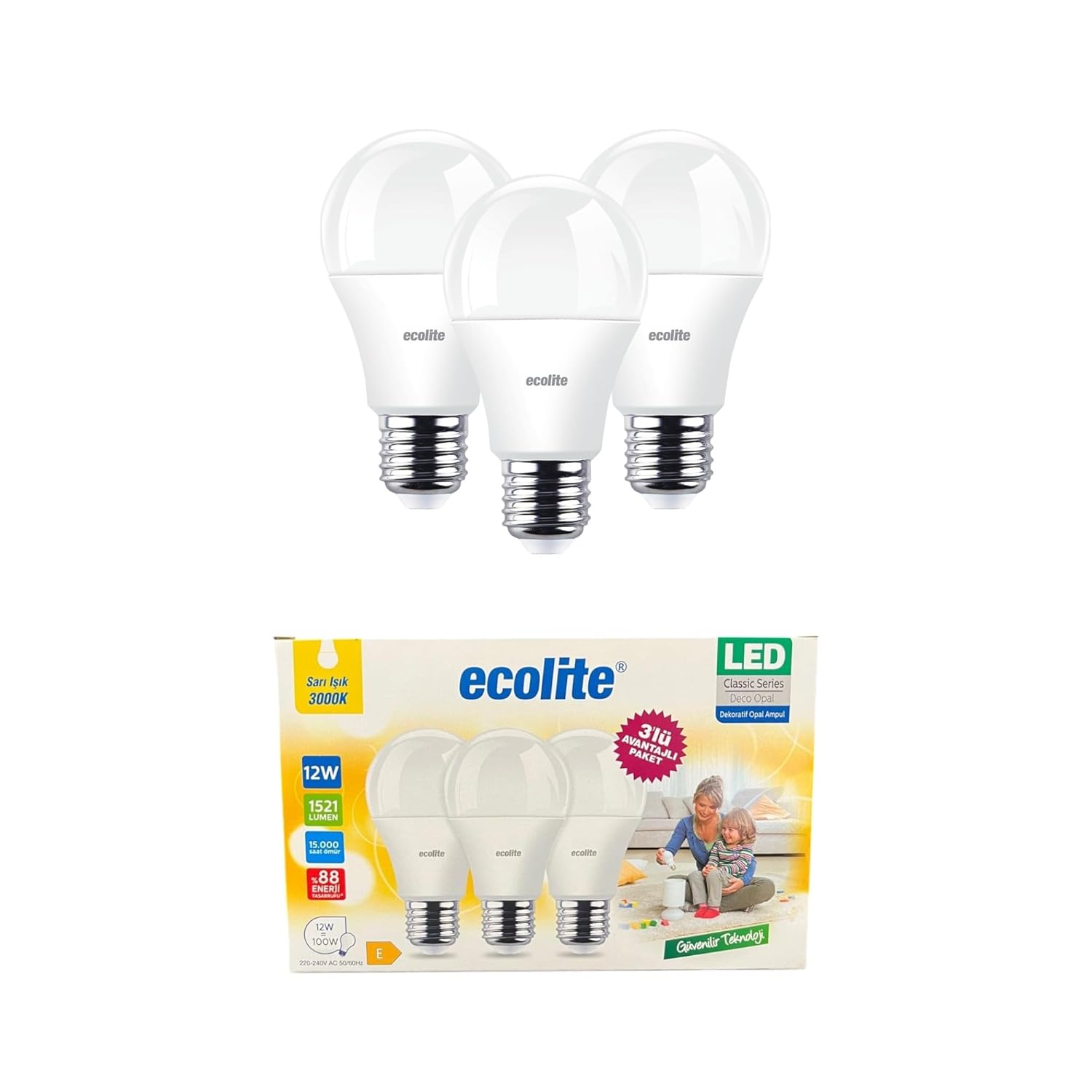 Ecolite 12W LED Ampul 3'lü Paket – 1521 Lümen, 100W Eşdeğer, E27 Duy, 3000K Sarı Işık, Opal Cam,%88 Enerji Tasarrufu, 15000 Saat Ömür