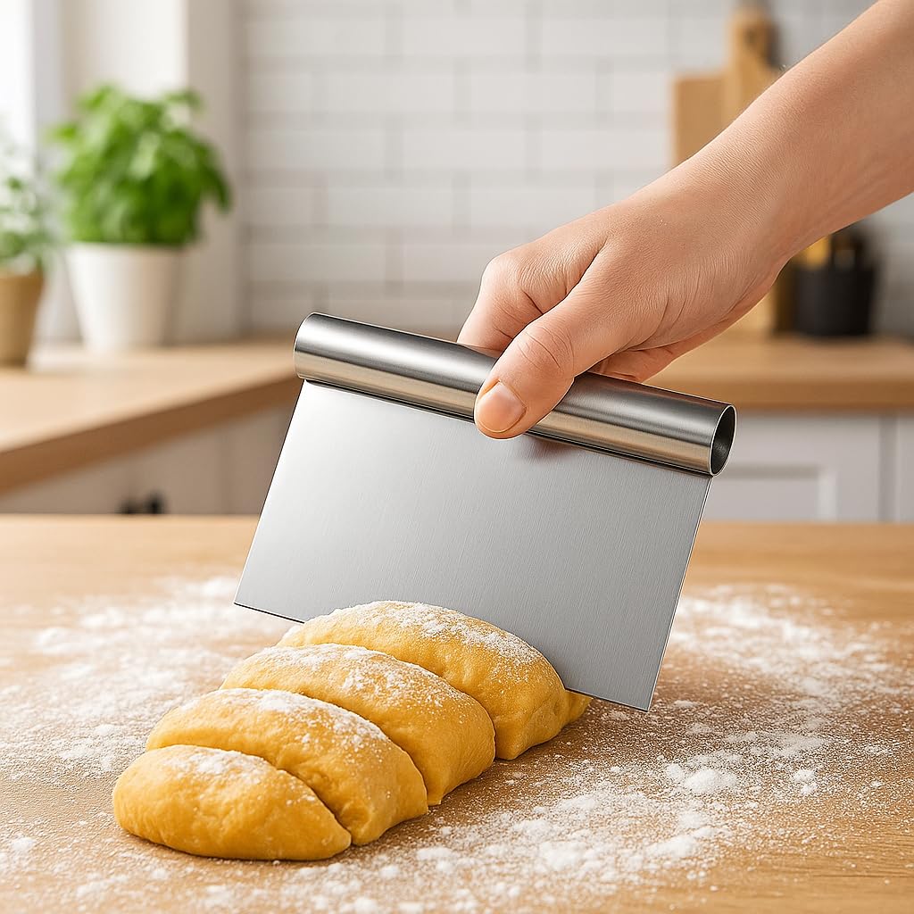 Lirazon Paslanmaz Çelik Hamur Kazıyıcı, Ergonomik Saplı, Çok Amaçlı Hamur Kesici ve Tezgah Temizleyici Mutfak Spatulası