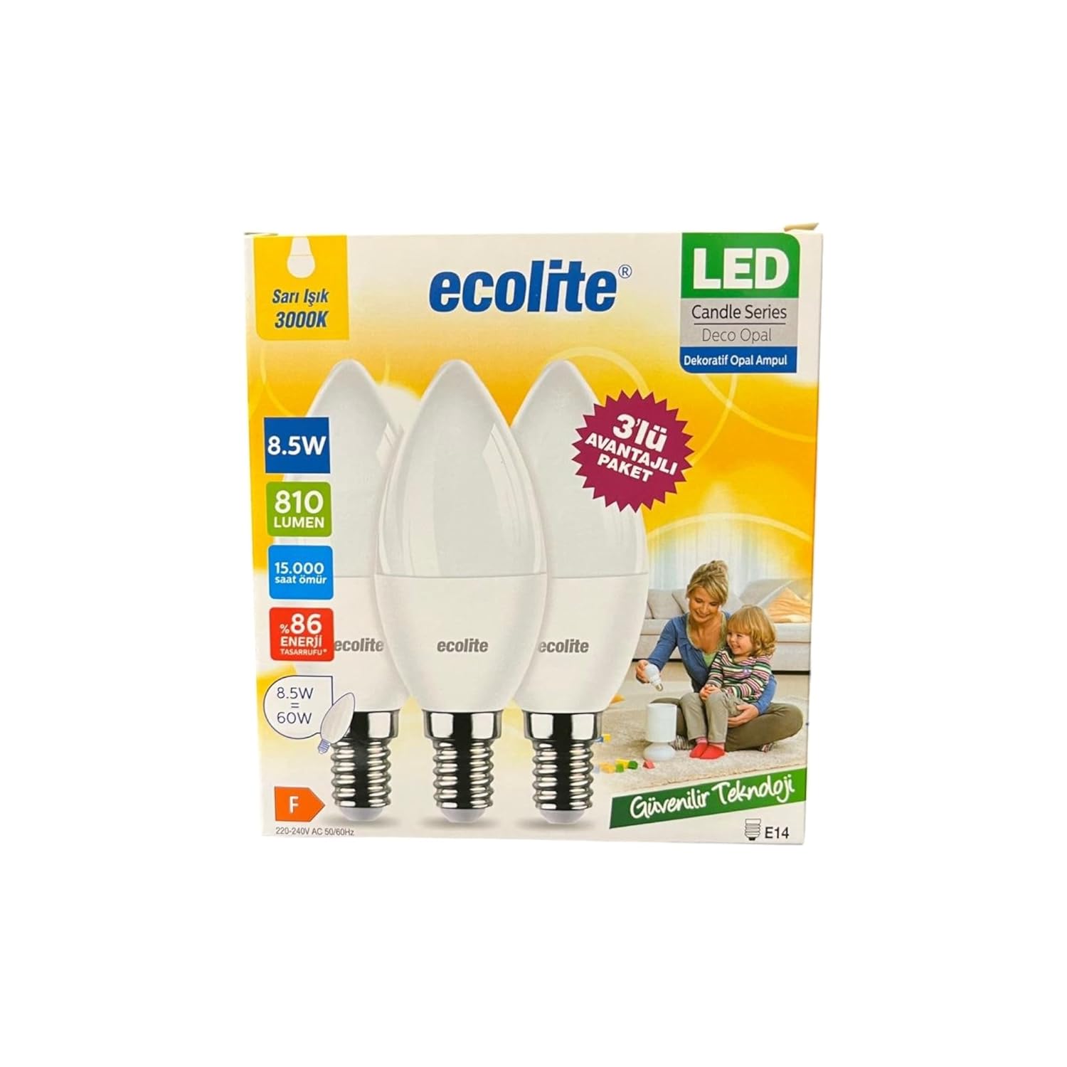 Ecolite 8.5W LED Mum Ampul – E14 Duy, 810 Lümen, 3000K Sarı Işık, 60W Eşdeğer, 3’lü Paket, Opal Dekoratif Ampul, Dimmer Uyumlu Değil,%86 Enerji Tasarrufu, 99x37 mm (Sarı)