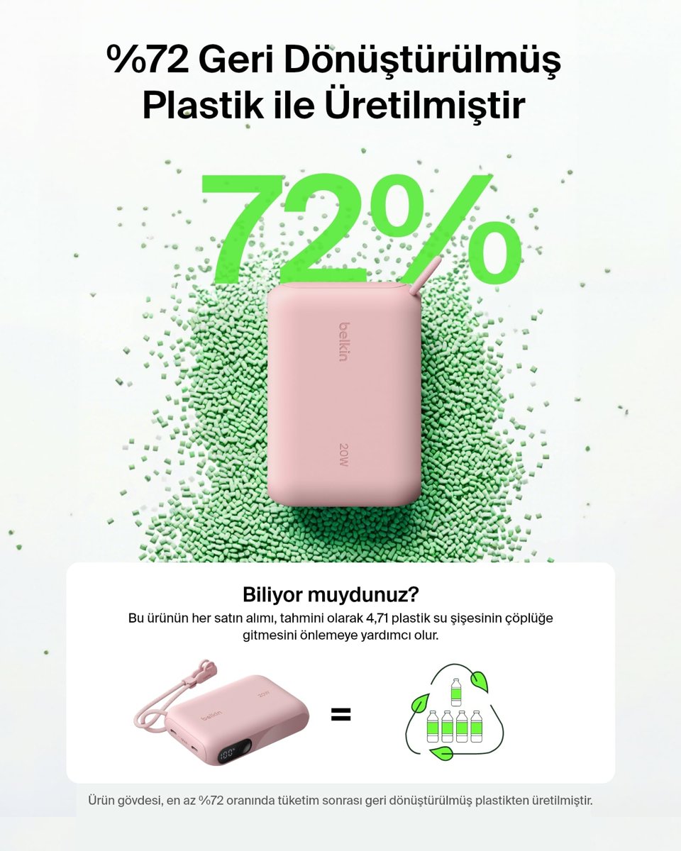 Belkin BoostCharge 10000 mAh Dijital Pil Göstergeli Power Bank, Pembe