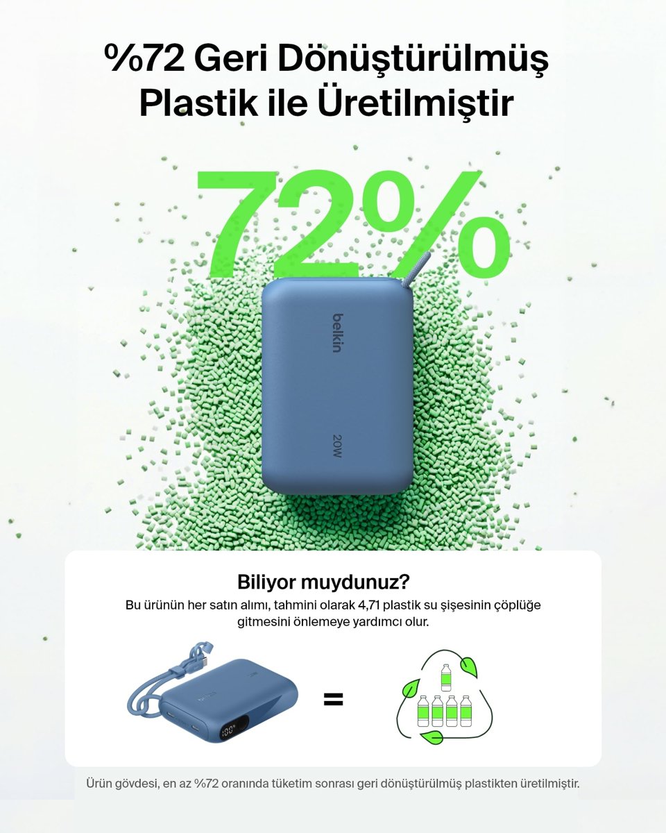 Belkin BoostCharge 10000 mAh Dijital Pil Göstergeli Power Bank, Mavi