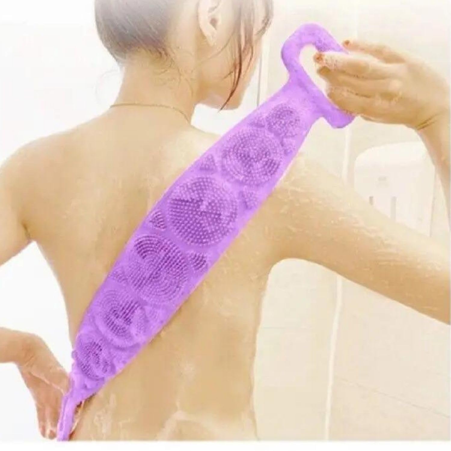 Çift Taraflı, Silikon Duş, Banyo Sırt Lifi, Sırt Temizlik Palası, Fırçası (Uzunluk 70 cm) (Mor)
