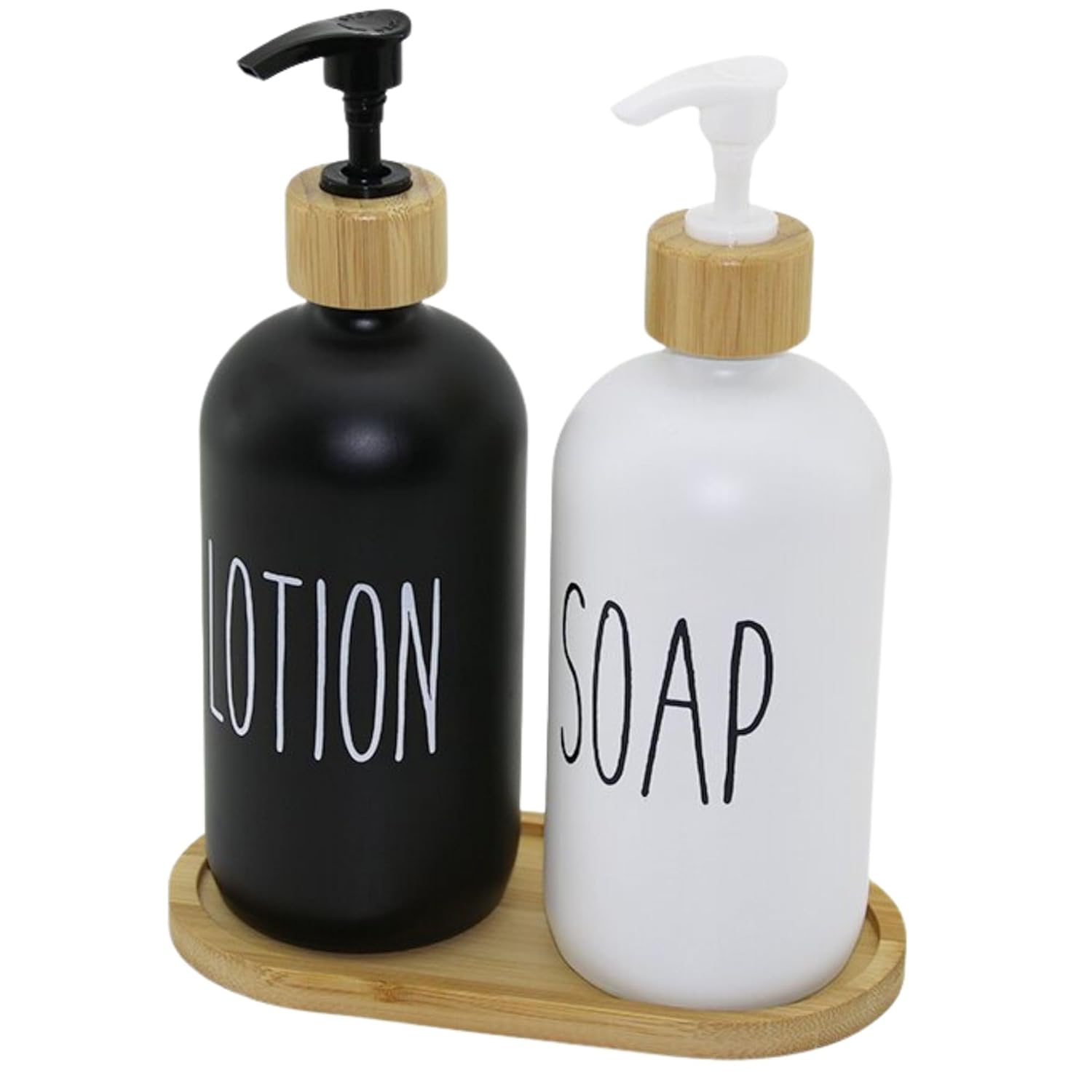 AEE® 2'li Cam Sıvı Sabunluk ve Losyonluk Seti - Bambu Kapaklı ve Altlıklı - 500ml Siyah & Beyaz Pompalı Şişe - Mutfak ve Banyo İçin Deterjanlık ve Sabunluk - Modern Şık Tasarım