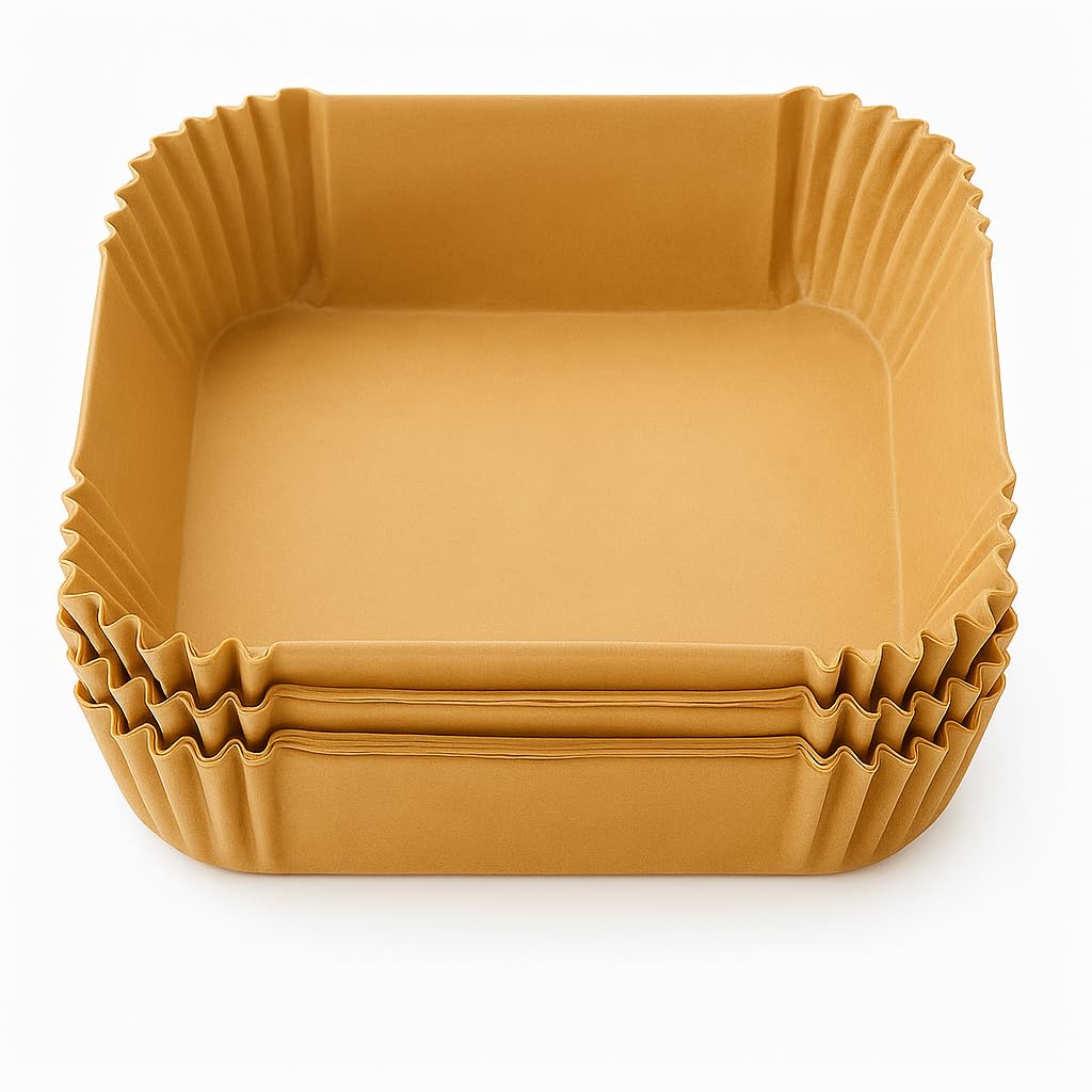SUWORS 50'li Airfryer Pişirme Kağıdı – Kare, Yanmaz ve Yağ Geçirmez Fritöz İçin Uyumlu, Tek Kullanımlık, 16x16 cm, Kahverengi
