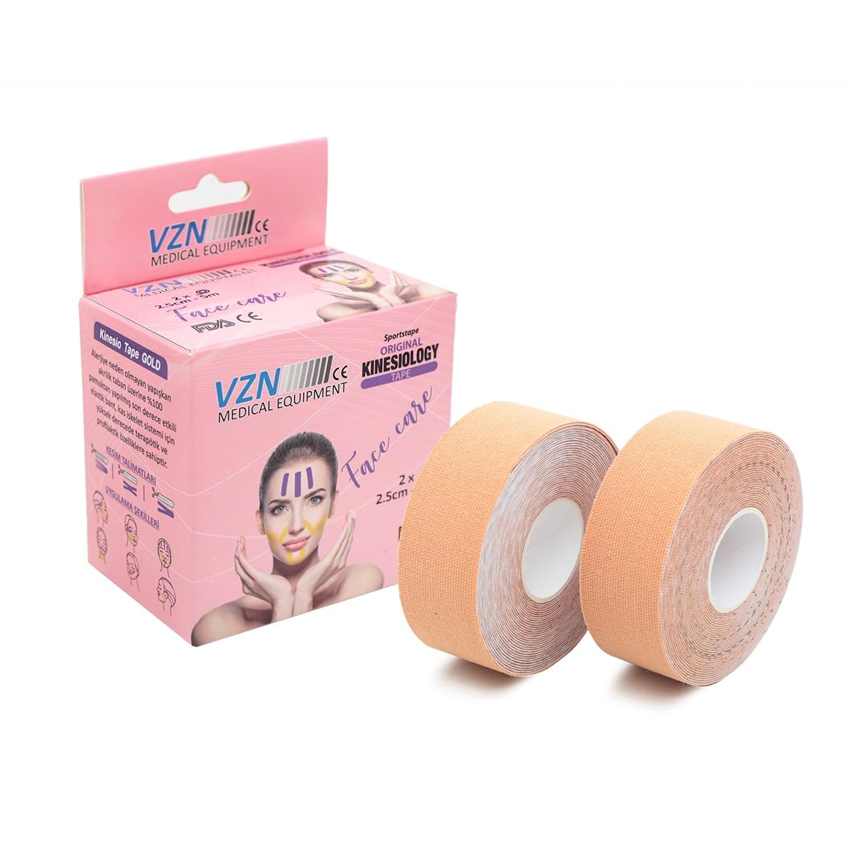 VZN Facetape Yüz Germe ve Kırışıklık Rehabilitasyon Bandı | Hipoalerjenik |%100 Pamuk | 2 Adet | 2,5 cm x 5 m