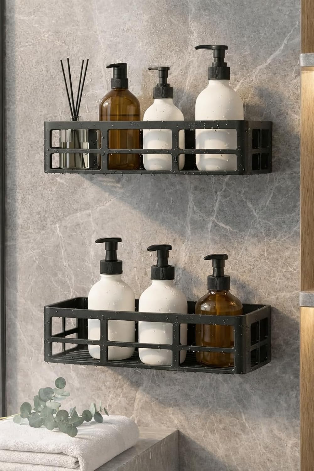 Yapışkanlı Duş Rafı – 2 Adet Paslanmaz Banyo Şampuanlık Organizer | Delmeden Montaj | Geniş Kapasiteli Duş Organizeri | Siyah Metal Raf – Banyo Mutfak Uyumlu