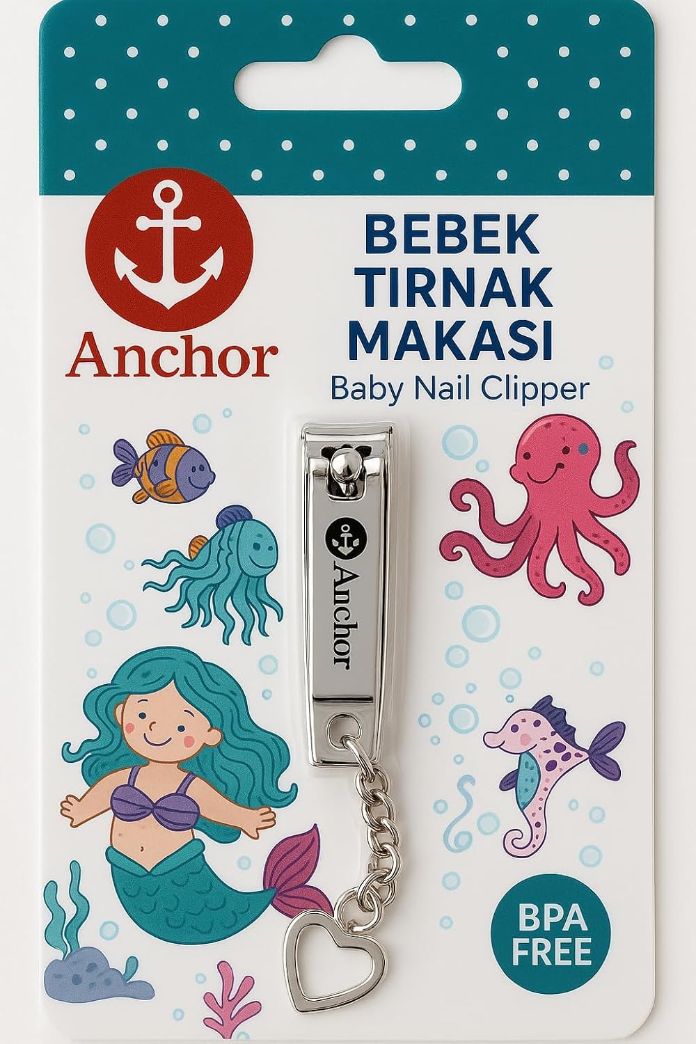 SUWORS Anchor Zincirli Bebek Tırnak Makası – Paslanmaz Çelik, Kalpli Uç, Güvenli Kesim, Ergonomik Tasarım, Bebek ve Yenidoğanlar İçin Uygun