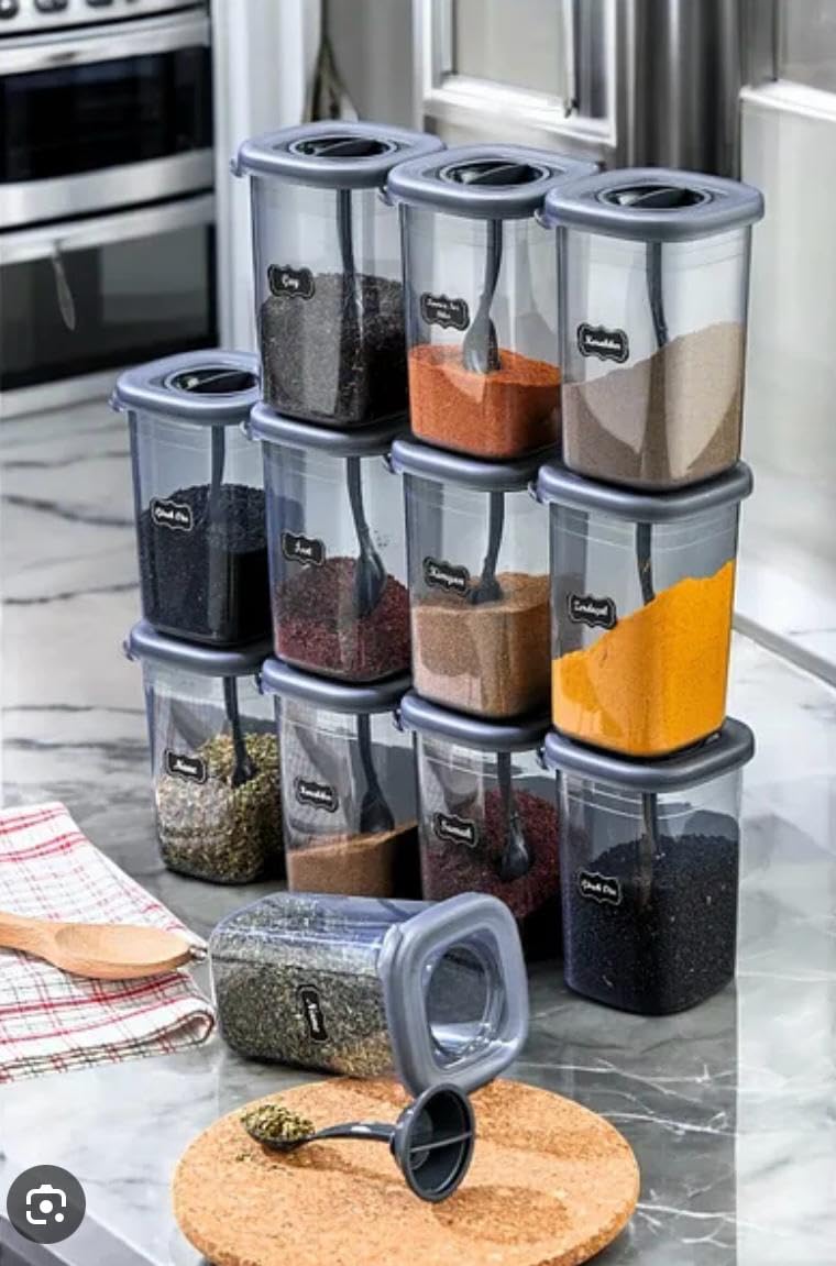 12 li Kilitlenebilir Kapaklı Kendinden Kaşıklı (450 ML) Baharatlık Seti Etiket Hediyeli Saklama Kabı