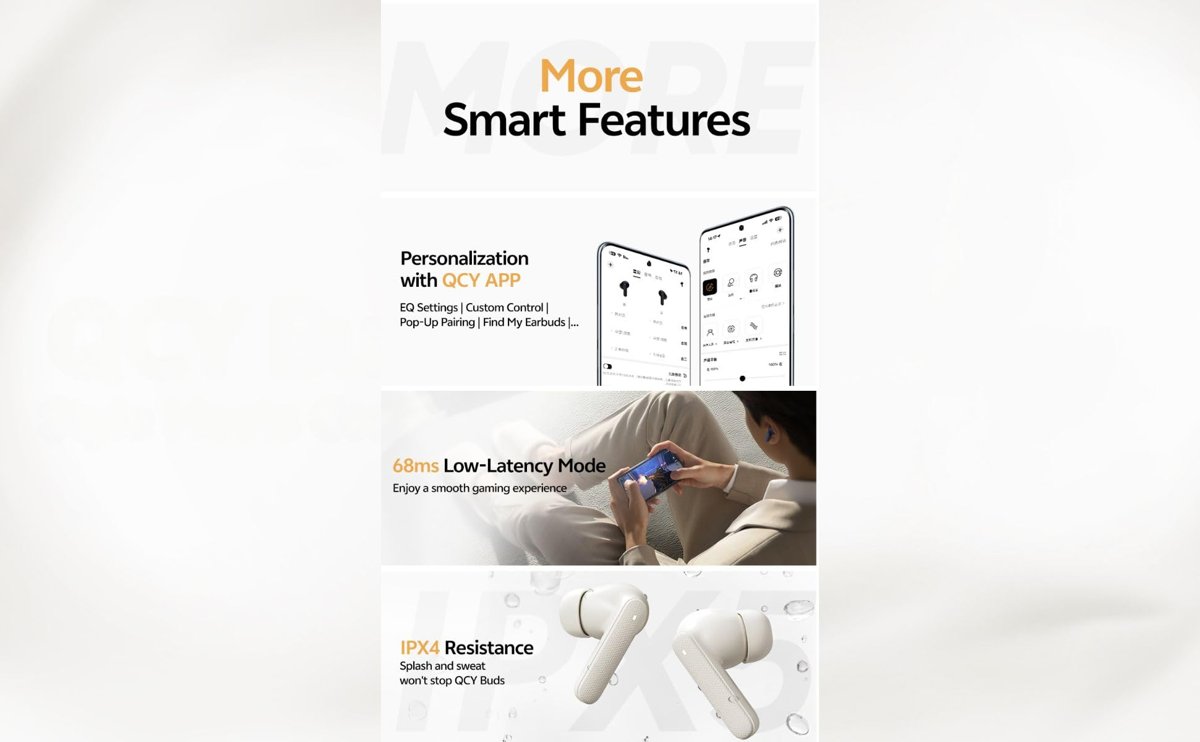 QCY Buds Bluetooth Kulaklık - Şık Tasarım - iPX4-35 Saat Ultra Uzun Pil Ömrü - Düşük Gecikme 0.06s -AI Beyaz