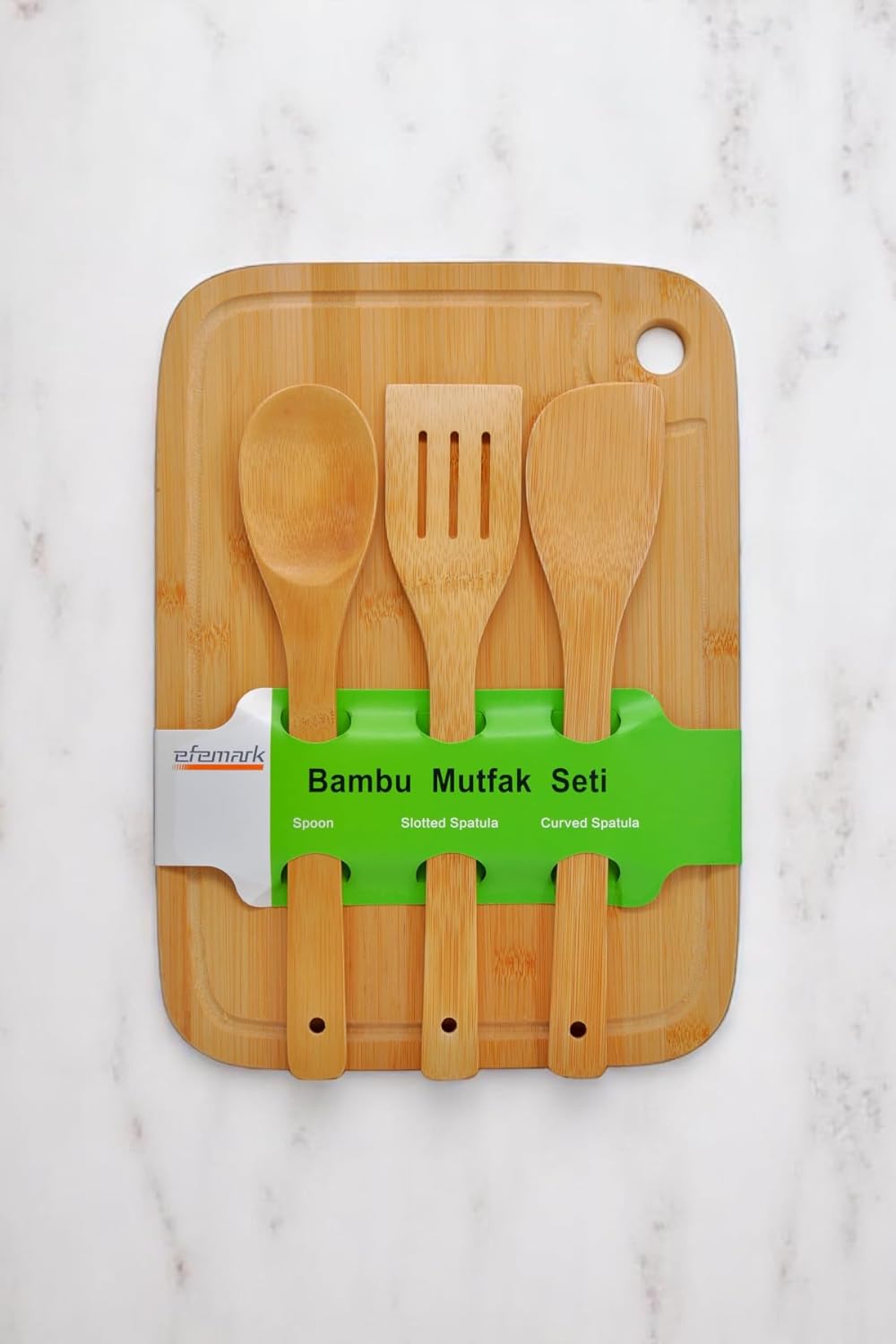 New-Max Golden Bambu Serisi Oluklu Antibakteriel Yıkanabilir Bambu 36x26 cm Doğrama Tahtası, Kaşık ve Spatula, Tahta Kevgir, 4'lü Set