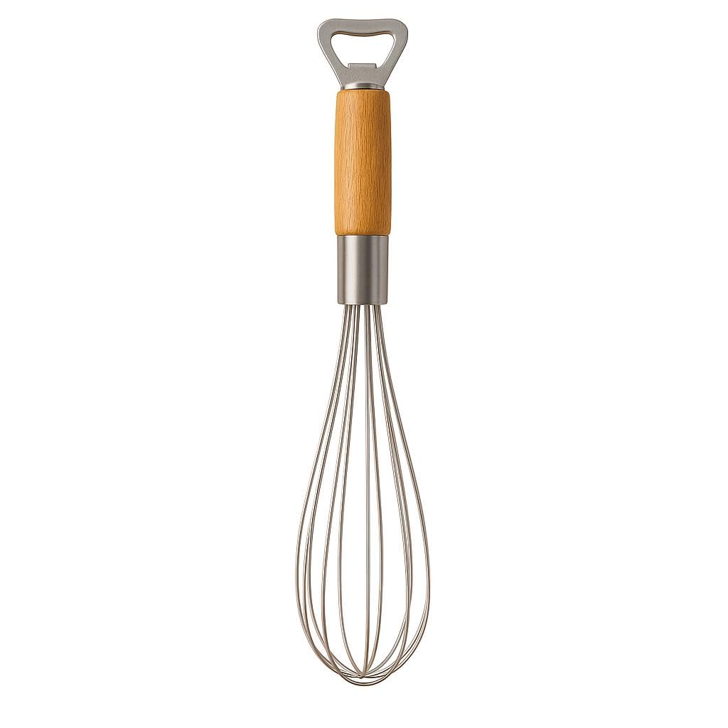 MallArt® Ahşap Saplı Paslanmaz Çelik Çırpıcı – 2’si 1 Arada Mutfak Aleti, Yumurta Çırpıcı ve Şişe Açacak, 35 cm Ergonomik Tasarım, Dayanıklı Tel Karıştırıcı