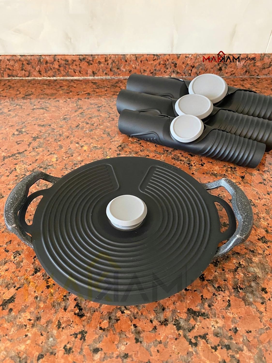 Makkam Home Silikon Tencere Kapağı, Tava Kapağı, Isı Koruyucu, Vakumlu kapak, Muhafaza kapağı (Siyah, 28Cm)