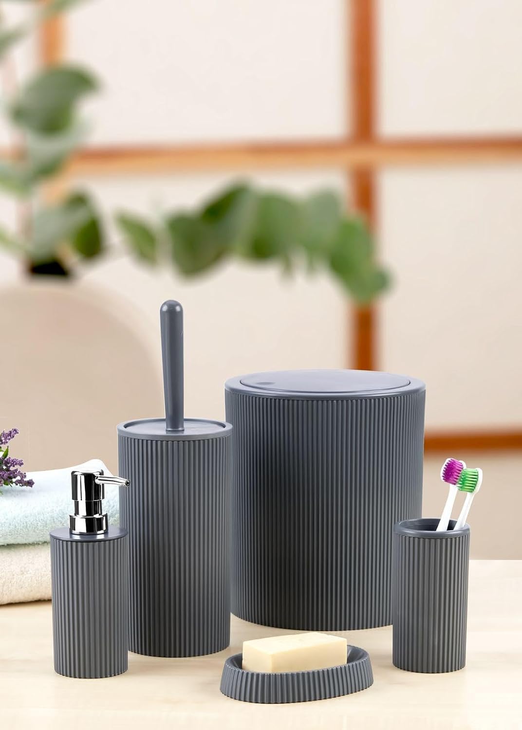 Deconox 5 Parça Lüx Plastik Banyo Seti 7 Litre Dokunmatik Çöp Kovalı, Antibakteriyel Fırça (GRİ)