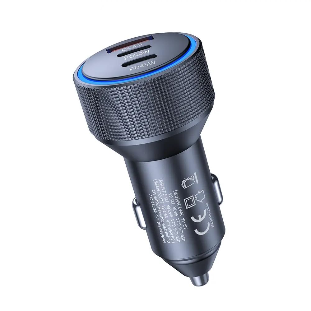 Hepu Hp-780 105 Watt Araç Içi Şarj Cihazı 3.1A Pd 45 Watt Fast Hızlı Şarj Aleti Metal Çakmaklık Şarj Type C 3-Port Işıklı