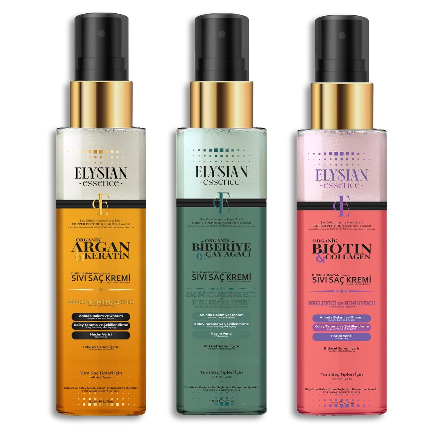 Elysian Essence 3’lü Sıvı Saç Kremi Seti - Biotin & Collagen - Organik Argan & Keratin - Biberiye & Çay Ağacı Durulanmayan, Saç Dökülmesi Karşıtı, Hızlı Uzama Etkili Bakım Spreyi