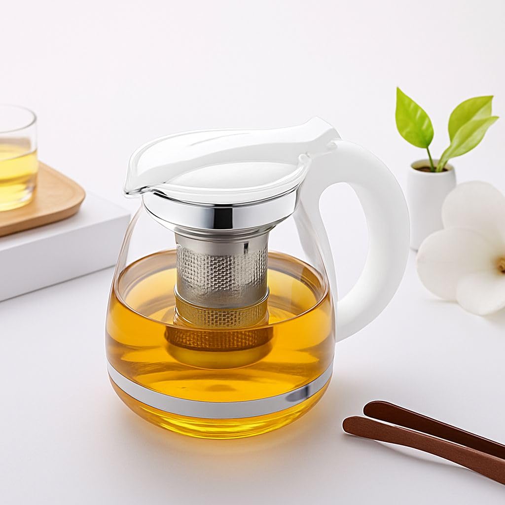 Cam Çaydanlık Paslanmaz Çelik Filtre Kolu Isıya Dayanıklı Cam Çaydanlık Süzgeçli French Press Cam Demlik + Çay Süzgeci Beyaz Kapaklı