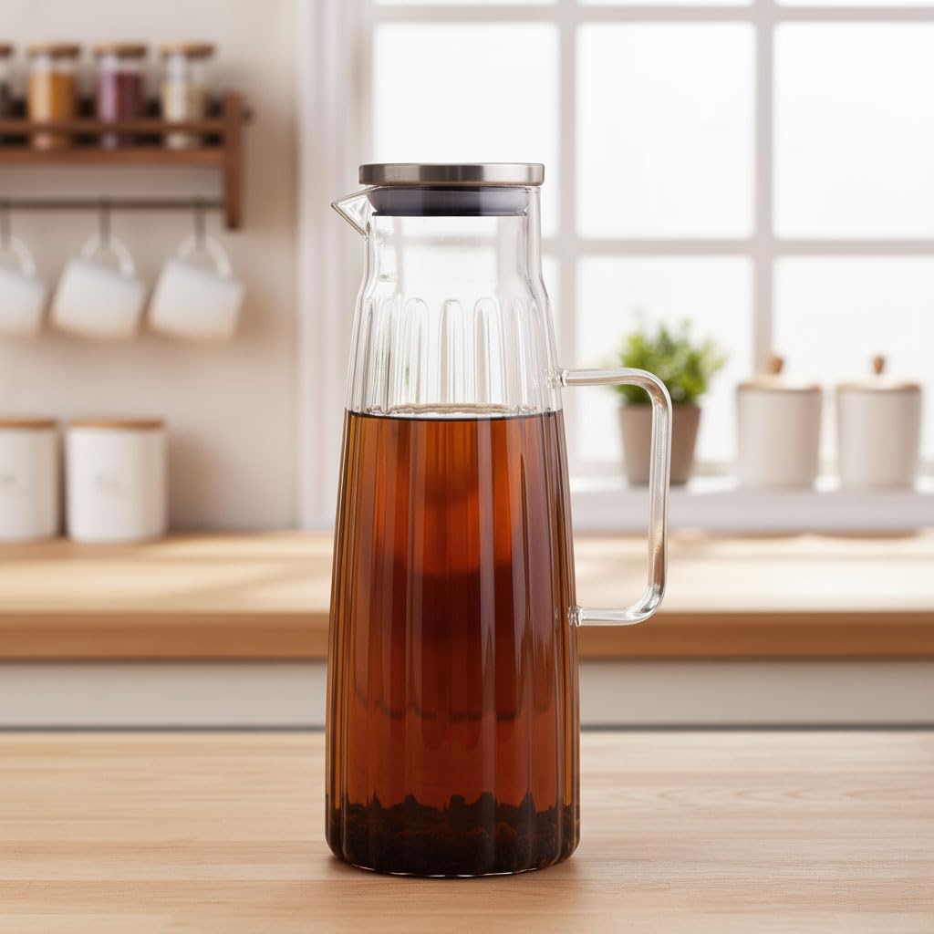 Deconox Metal Kapaklı Borosilikat Cam Yağdanlık ve Sürahi | 1000ml (11x26cm) Çok Amaçlı İçecek ve Sıvı Gıda Saklama