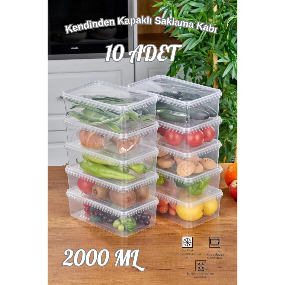 Arel - 10'lu Set Yandan Açılır Kapaklı Saklama Kabı, 10 Adet 2000ml Dikdörtgen Şeffaf Kendinden Kapa