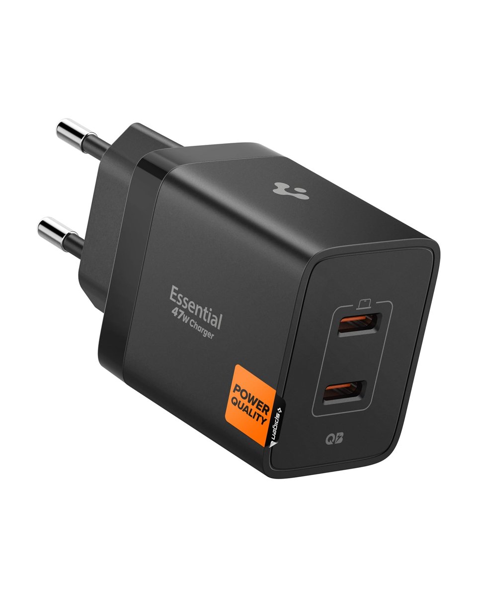 Spigen 47W USB-C 2 Port Mini Hızlı Şarj Aleti PPS 2.0 Super Hızlı Şarj GaN Pro Isı Düşürücü Güç Adaptörü Akım Koruma iPhone & Android & iPad & MacBook Type-C Black - ACH09457