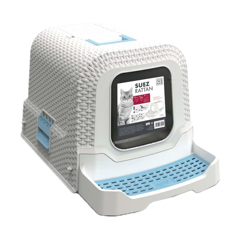 M-PETS SUEZ RATTAN KAPALI KEDİ TUVALETİ WHİTE/BLUE 69X42X41CM