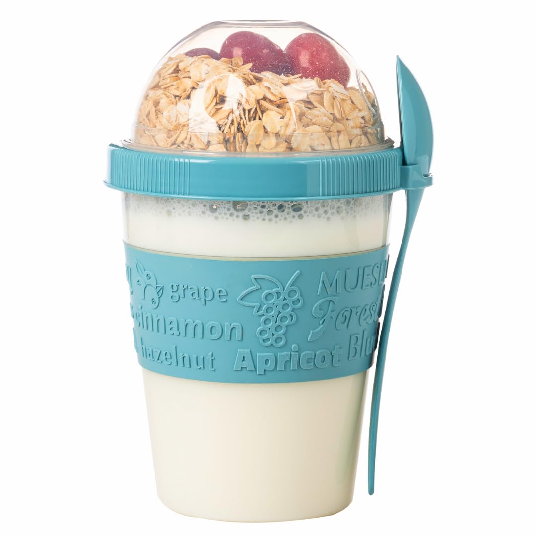 Renkli Take and Go Kaşıklı Hazneli Meyveli Yoğurt Kabı Piknik Iş Atıştırmalık Diyet Müsli Granola Süt Bardağı (Turkuaz)