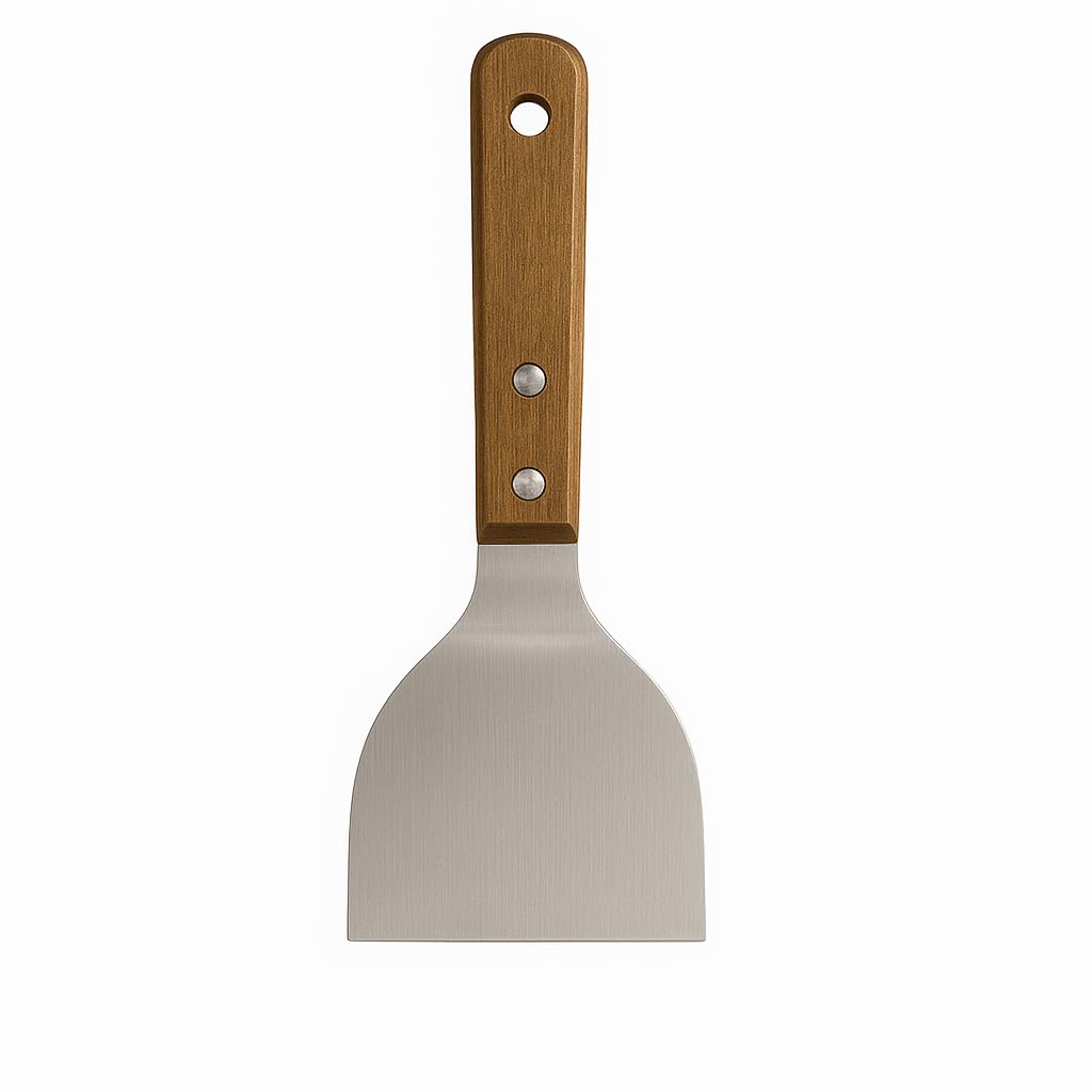 MallArt® Ahşap Saplı Paslanmaz Çelik Spatula – 24cm Eğilimli Çok Amaçlı Mutfak Spatulası | Izgara, Burger, Sebze, Temizlik için Profesyonel Metal Spatula
