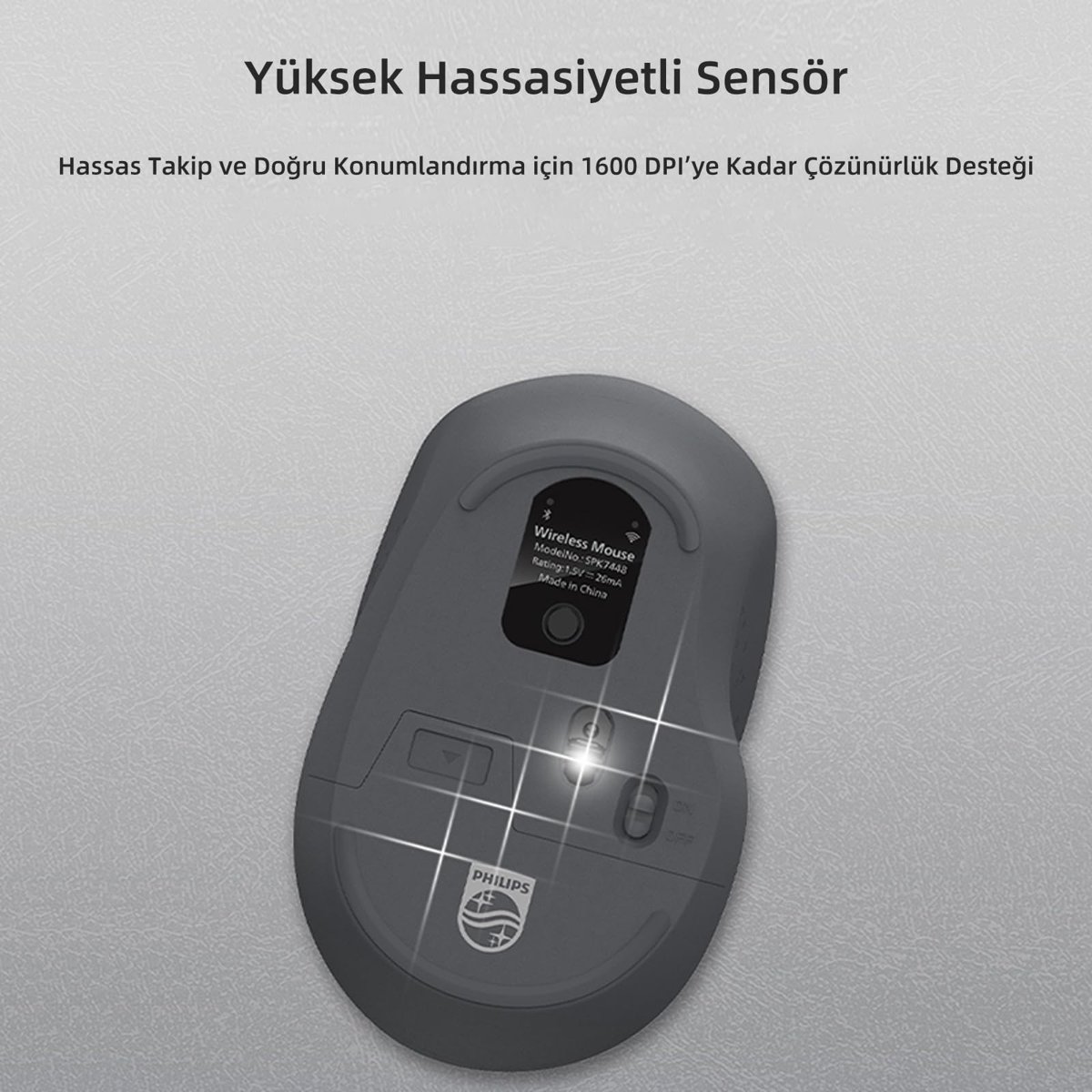 Philips SPK7448 Bluetooth 5.2 ve 2.4GHz 1600DPI Sessiz Optik Kablosuz Mouse Siyah