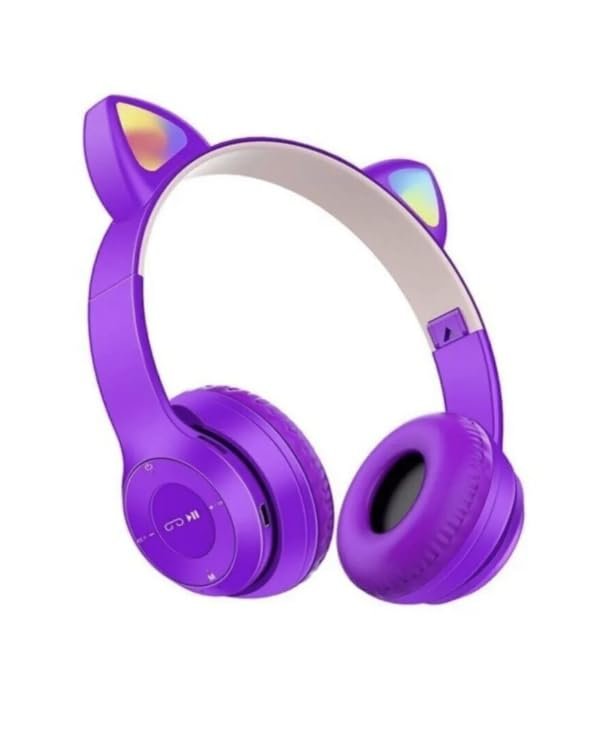 P47M Bluetooth 5.0 Kablosuz Işıklı Kedi Kulaklık Kulak Üstü Kulaklık (Mor)