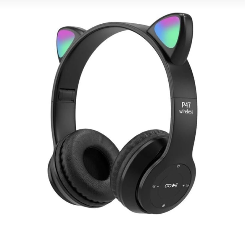 P47M Bluetooth 5.0 Kablosuz Işıklı Kedi Kulaklık Kulak Üstü Kulaklık (Siyah)