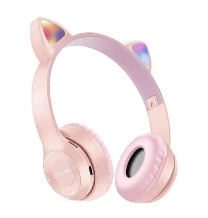 P47M Bluetooth 5.0 Kablosuz Işıklı Kedi Kulaklık Kulak Üstü Kulaklık (Pembe)