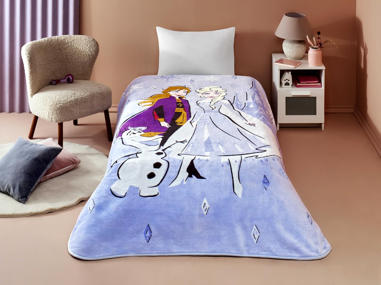 TAÇ Disney Frozen Hello Çizgi Film Karakteri Pamuk-Polyester Karışım Battaniye, Mavi, Beyaz, Mor, Tek Kişilik