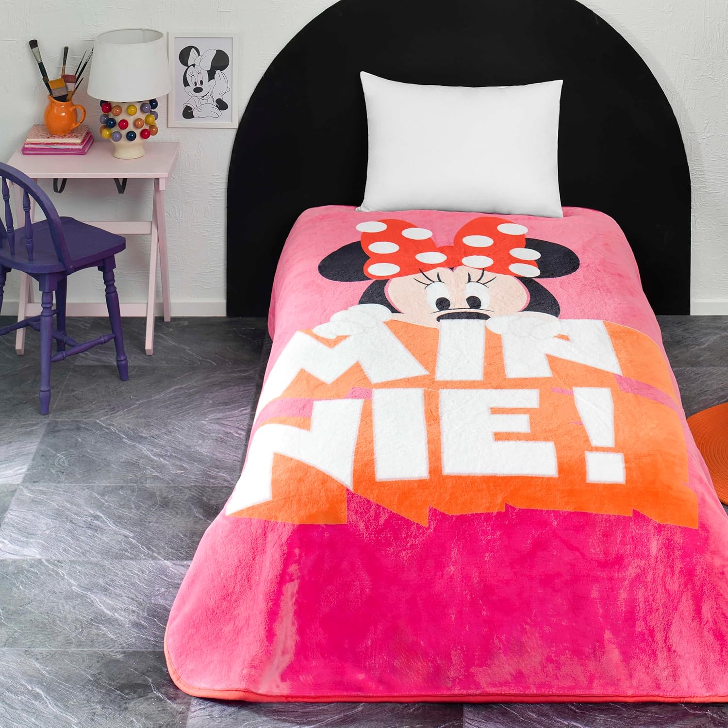 TAÇ Disney Minnie Mouse Classic Çizgi Film Karakteri Pamuk-Polyester Karışım Battaniye, Pembe, Beyaz, Siyah, Tek Kişilik