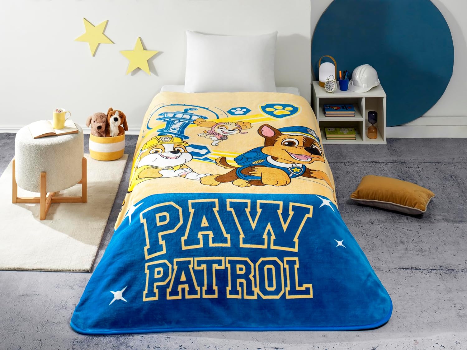TAÇ Paw Patrol United Çizgi Film Karakteri Pamuk-Polyester Karışım Battaniye, Kremrengi, Mavi, Sarı, Tek Kişilik