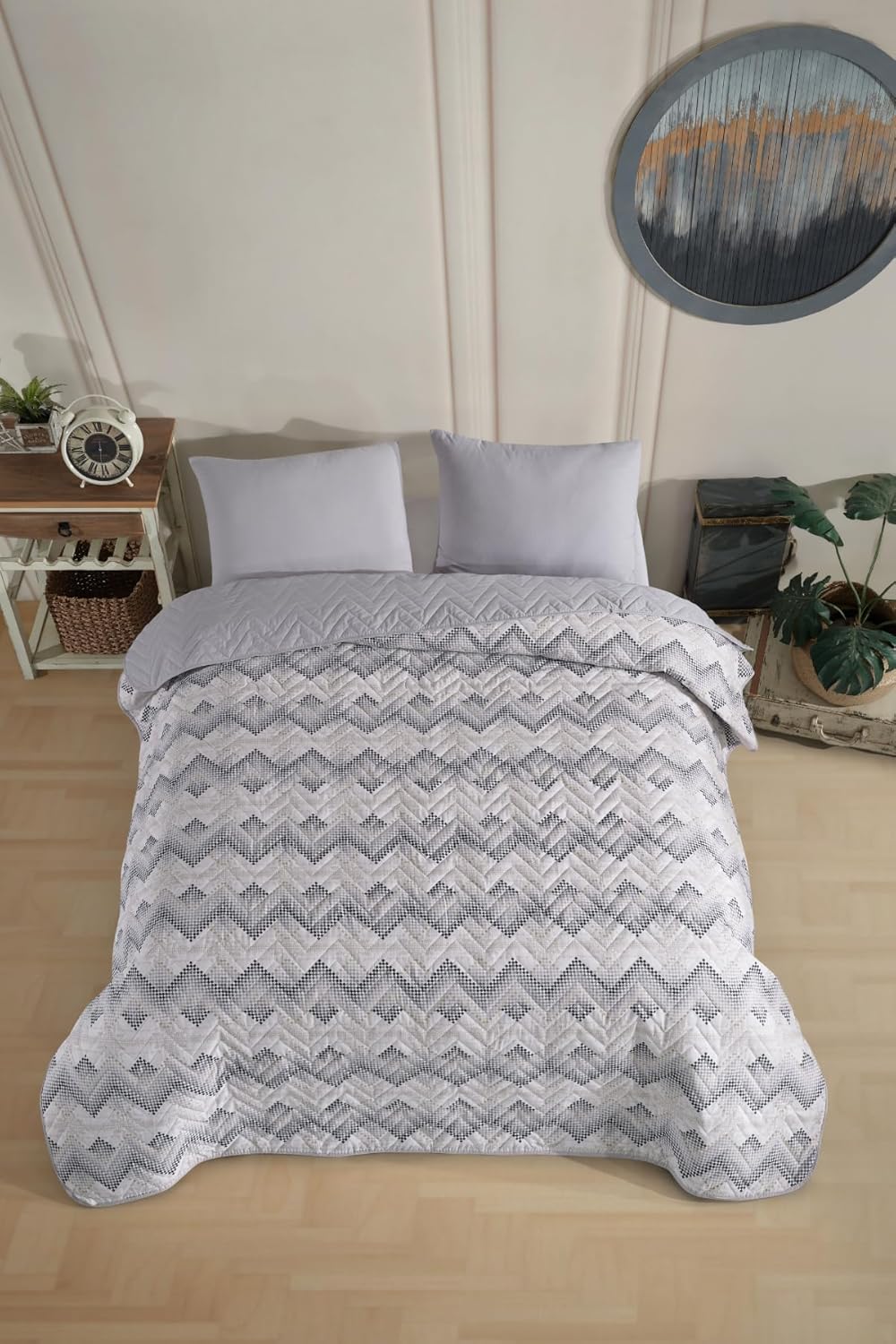 Formeya Tek Kişilik Desenli Kapitone Çift Taraflı Renkli Pike Yatak Örtüsü Takımı 160x230 cm (Çarşafsız) (Gri)
